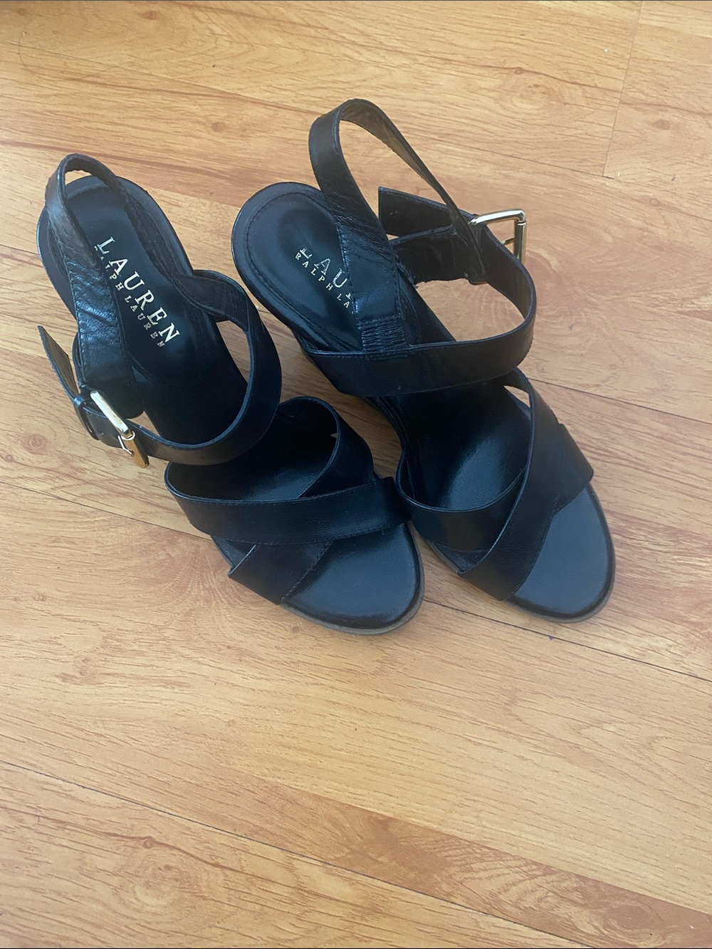 Lauren Ralph Lauren Black Leather Crisscross Slingback Heels